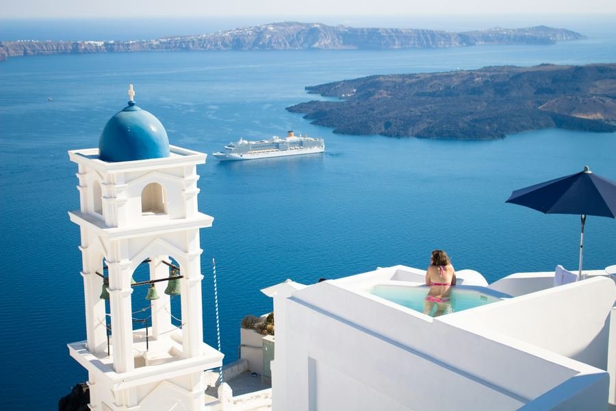 Santorini coastline with cruise ship